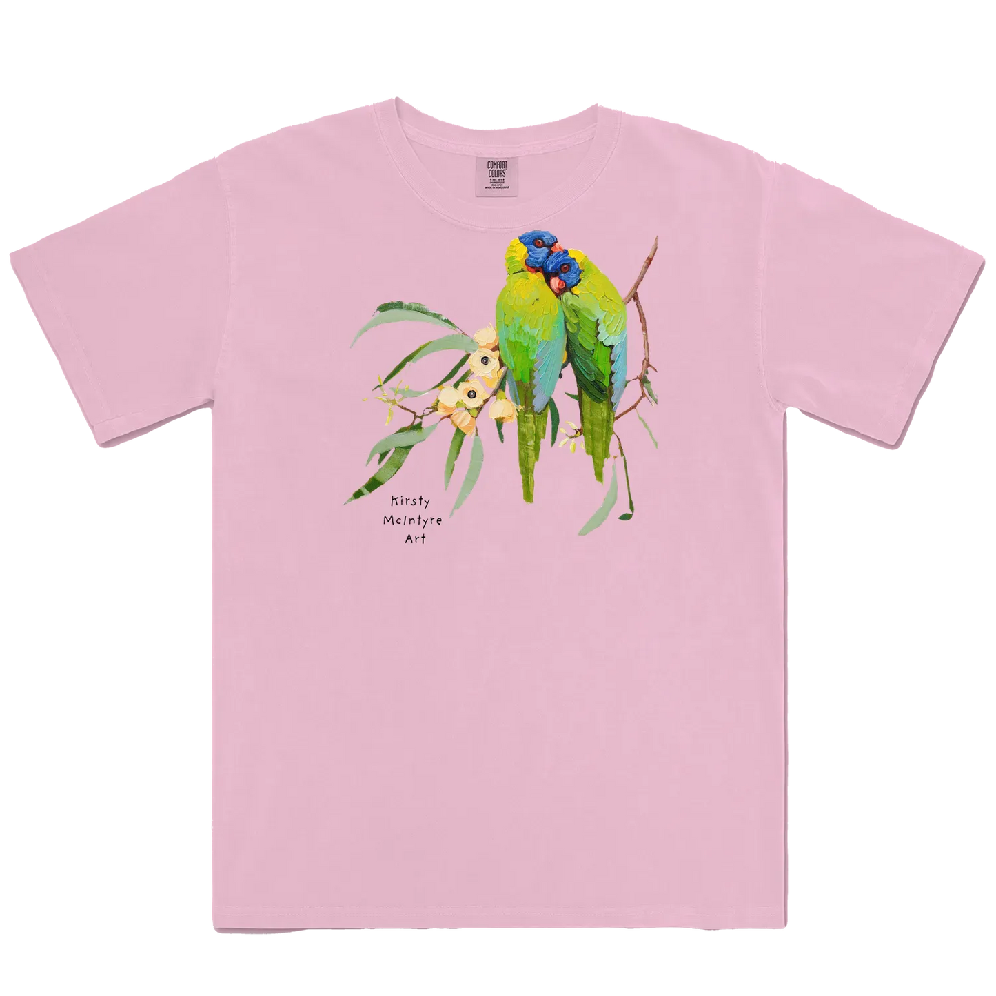 Blossom front flat layfeaturing two rainbow lorikeets cuddling with some creamy coloured gum blossom in an original design by Australian bird lover and artist, Kirsty McIntyre