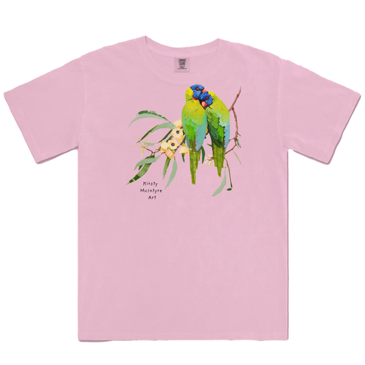 Blossom front flat layfeaturing two rainbow lorikeets cuddling with some creamy coloured gum blossom in an original design by Australian bird lover and artist, Kirsty McIntyre