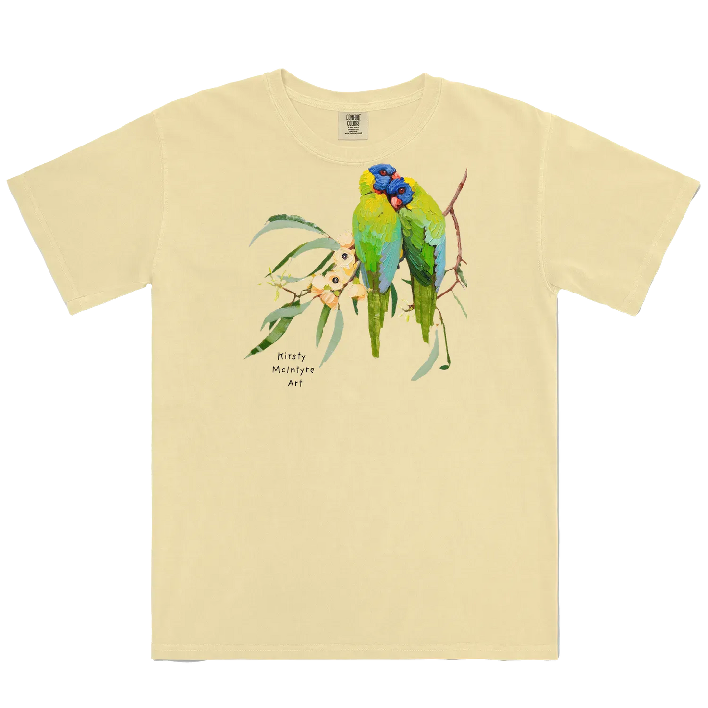 Butter front flat layfeaturing two rainbow lorikeets cuddling with some creamy coloured gum blossom in an original design by Australian bird lover and artist, Kirsty McIntyre