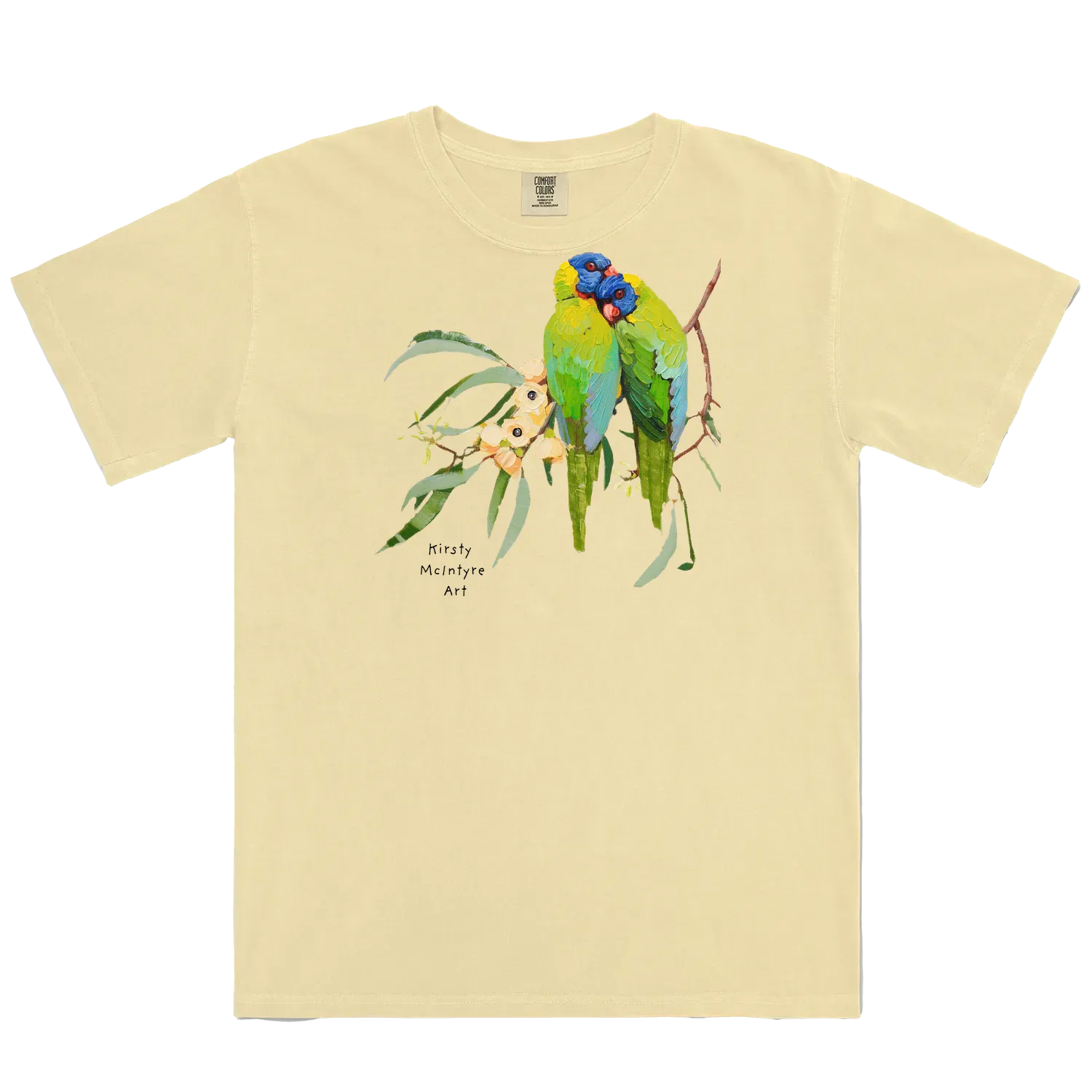 Butter front flat layfeaturing two rainbow lorikeets cuddling with some creamy coloured gum blossom in an original design by Australian bird lover and artist, Kirsty McIntyre