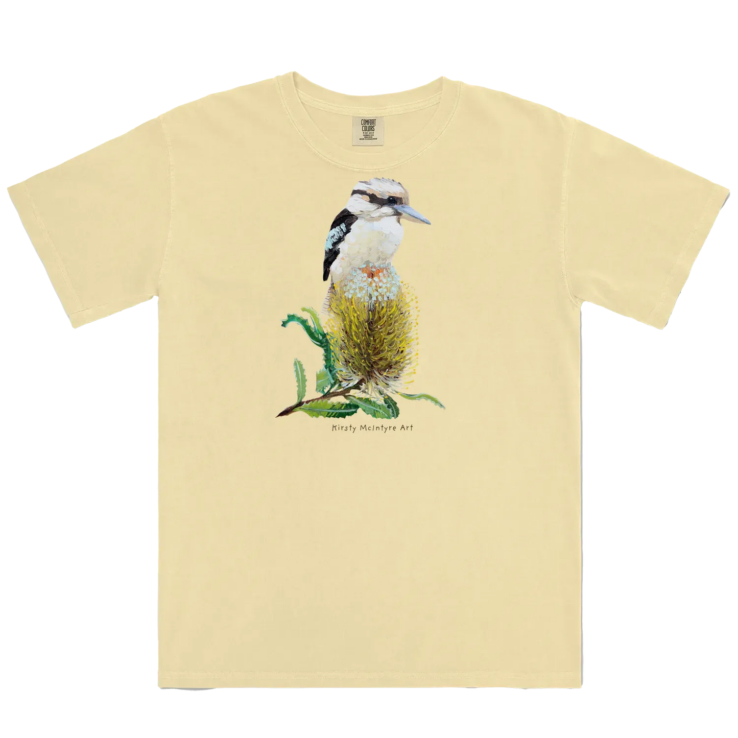 Butter front flat lay featuring original australian bird artwork graphic by Kirsty Mcintyre, of a kookaburra perched on a banksia