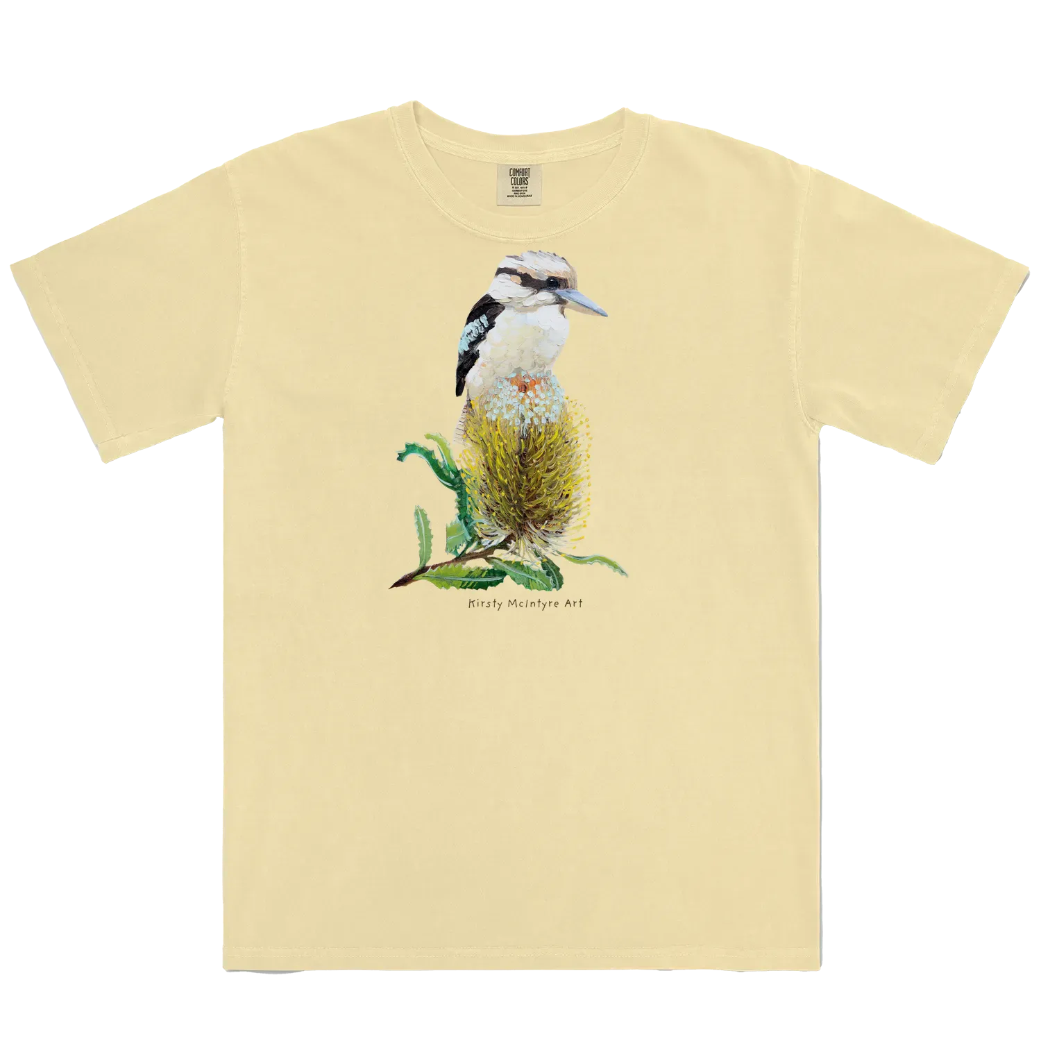 Butter front flat lay featuring original australian bird artwork graphic by Kirsty Mcintyre, of a kookaburra perched on a banksia