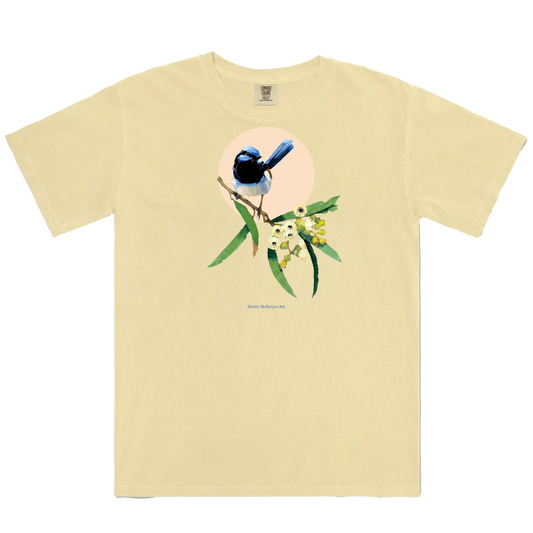 Butter front flat lay featuring an original blue wren design by australian artist, Kirsty McIntyre on a comfort colors tee