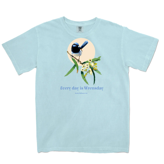 Chambray front flat lay of a blue wren graphic design by Kirsty McIntyre australian bird lover and artist