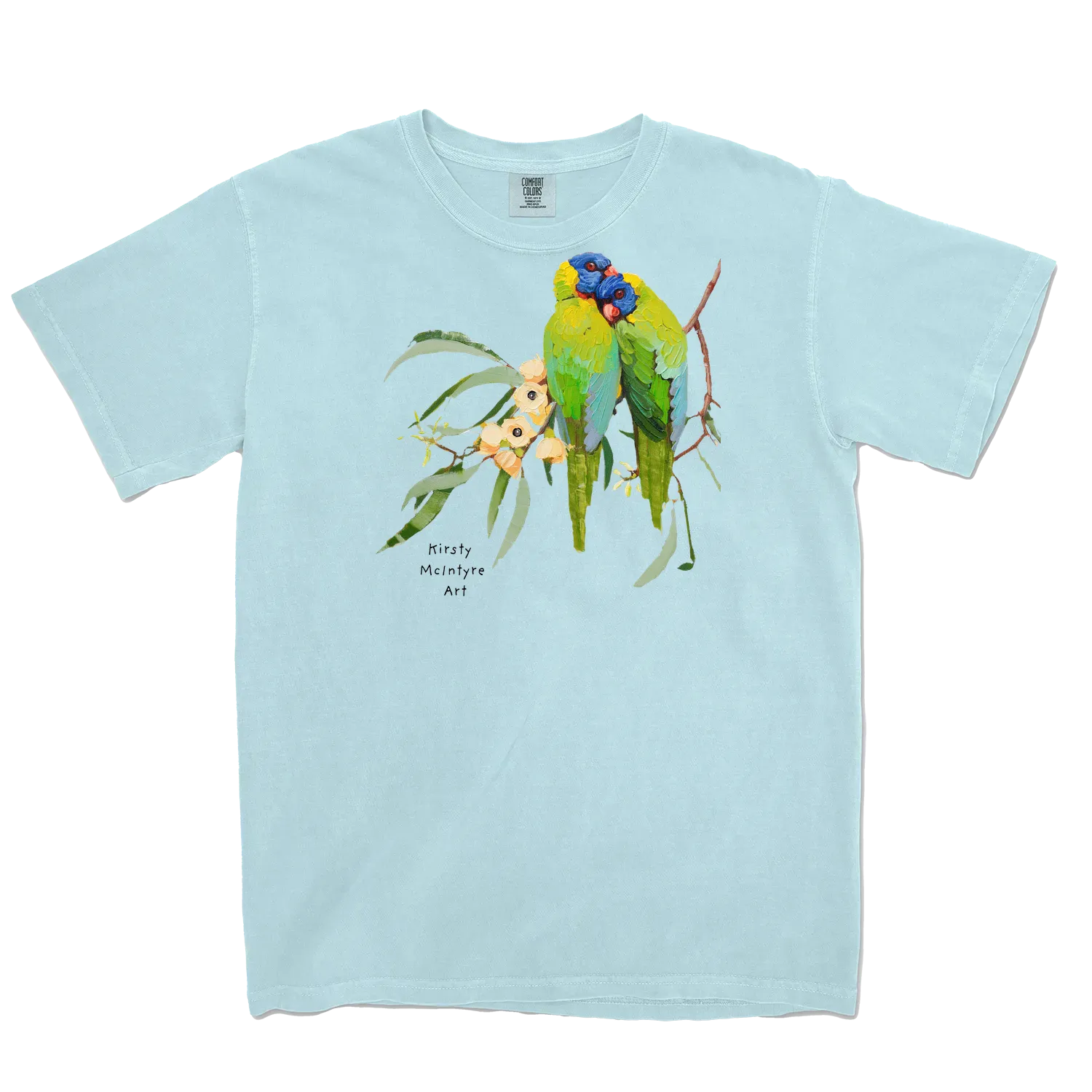 Chambray front flat layfeaturing two rainbow lorikeets cuddling with some creamy coloured gum blossom in an original design by Australian bird lover and artist, Kirsty McIntyre