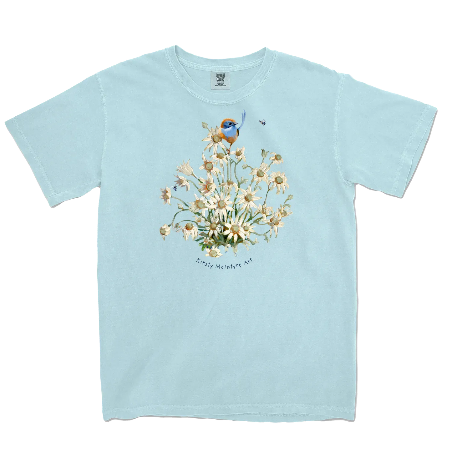 Chambray front flat lay featuring a blue wren with flannel flowers original design by Kirsty McIntyre art