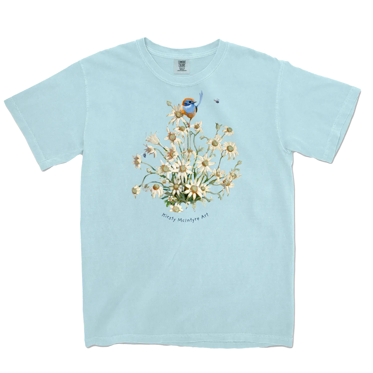 Chambray front flat lay featuring a blue wren with flannel flowers original design by Kirsty McIntyre art