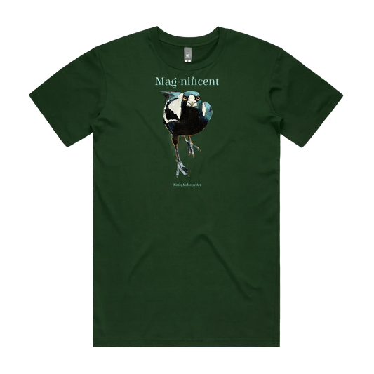 Forest Green as colours Australian magpie tee tshirt with the slogan "Mag-nificent" magnificent magpie in an original design by Australian bird lover and artist, Kirsty McIntyre