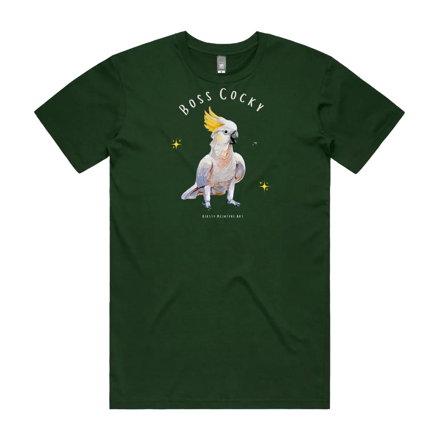 Forest Green front flat layt-shirt with a parrot graphic and text 'Boss Cocky' Original cockatoo tshirt design by artist, Kirsty McIntyre, australian.