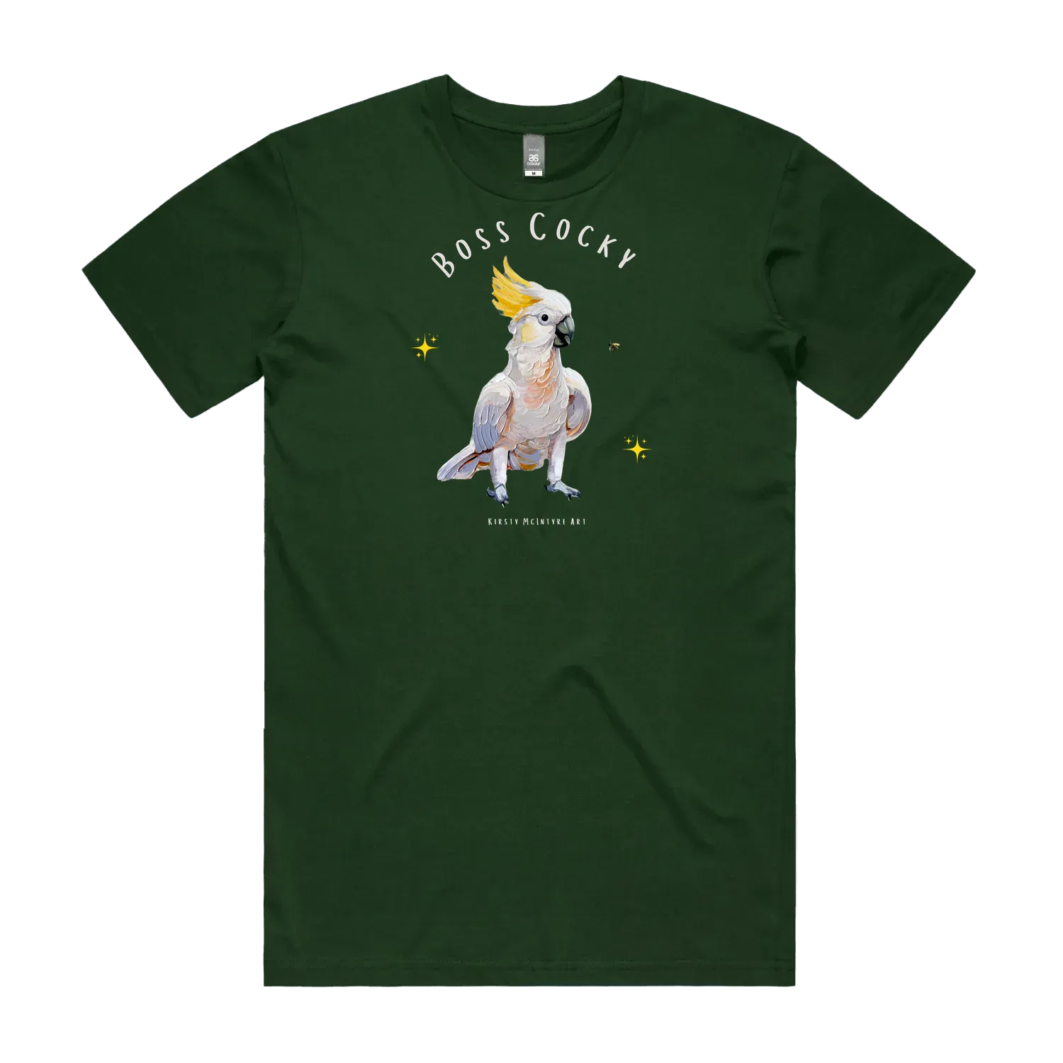Forest Green front flat layt-shirt with a parrot graphic and text 'Boss Cocky' Original cockatoo tshirt design by artist, Kirsty McIntyre, australian.