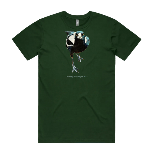 Forest Green front flat lay featuring an original staring, fierce magpie graphic design by Kirsty McIntyre, australian bird lover and artist