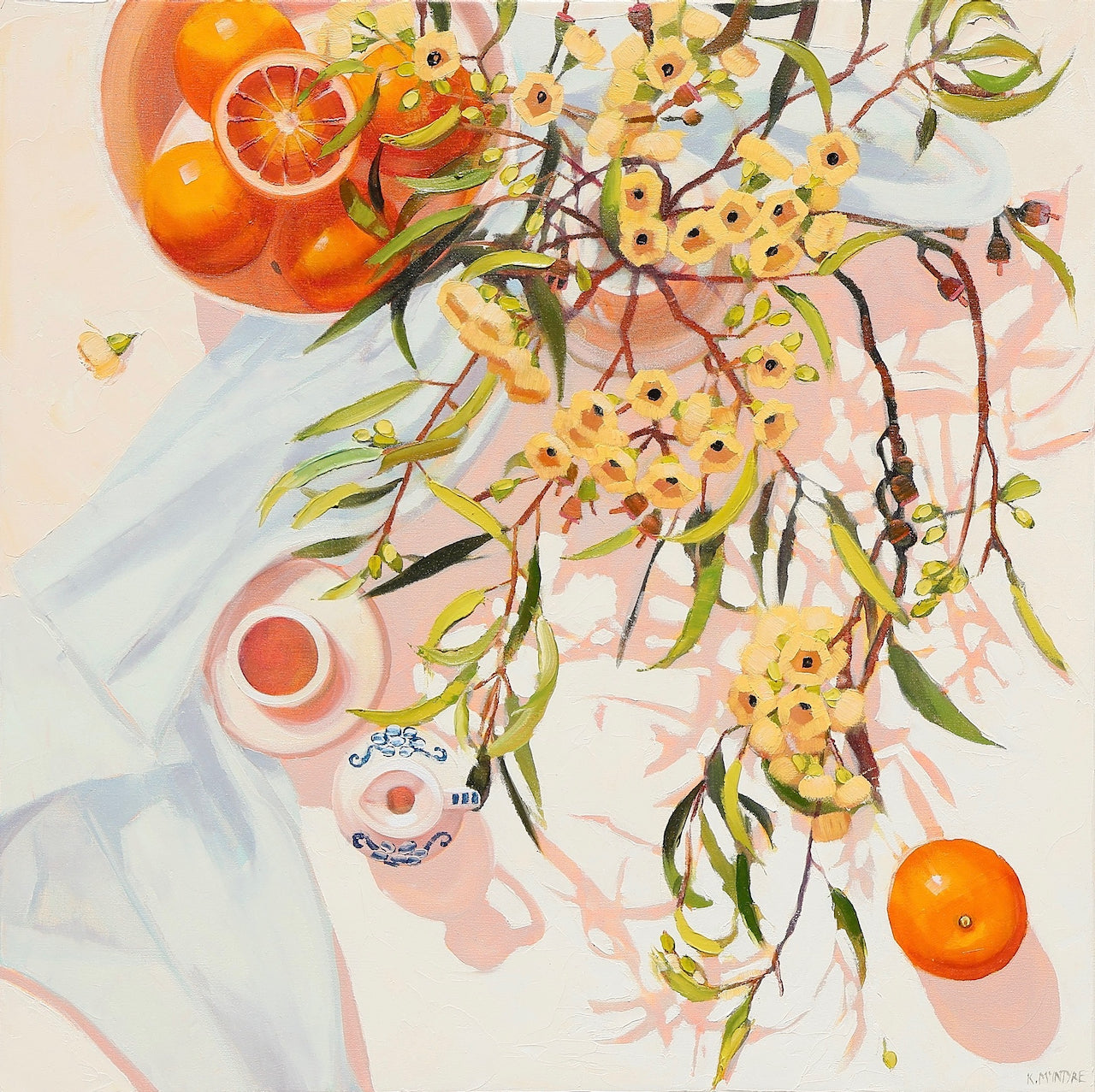 Artistic depiction of yellow flowers australian gum blossom and oranges on a textured surface. Oil painting original by Kirsty Mcintyre, australian still life and native bird artist