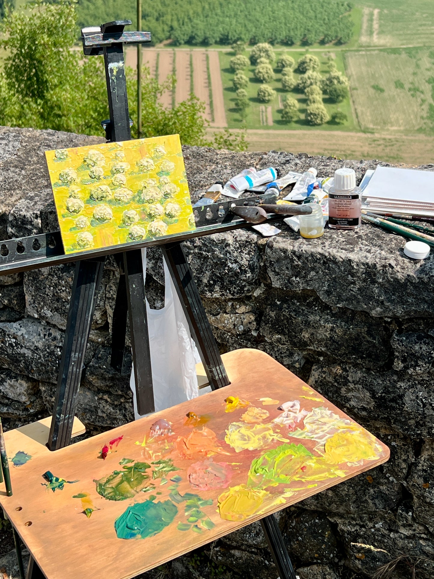 Artistic setup with a canvas on an easel and a paint palette outdoors. dordogne valley
