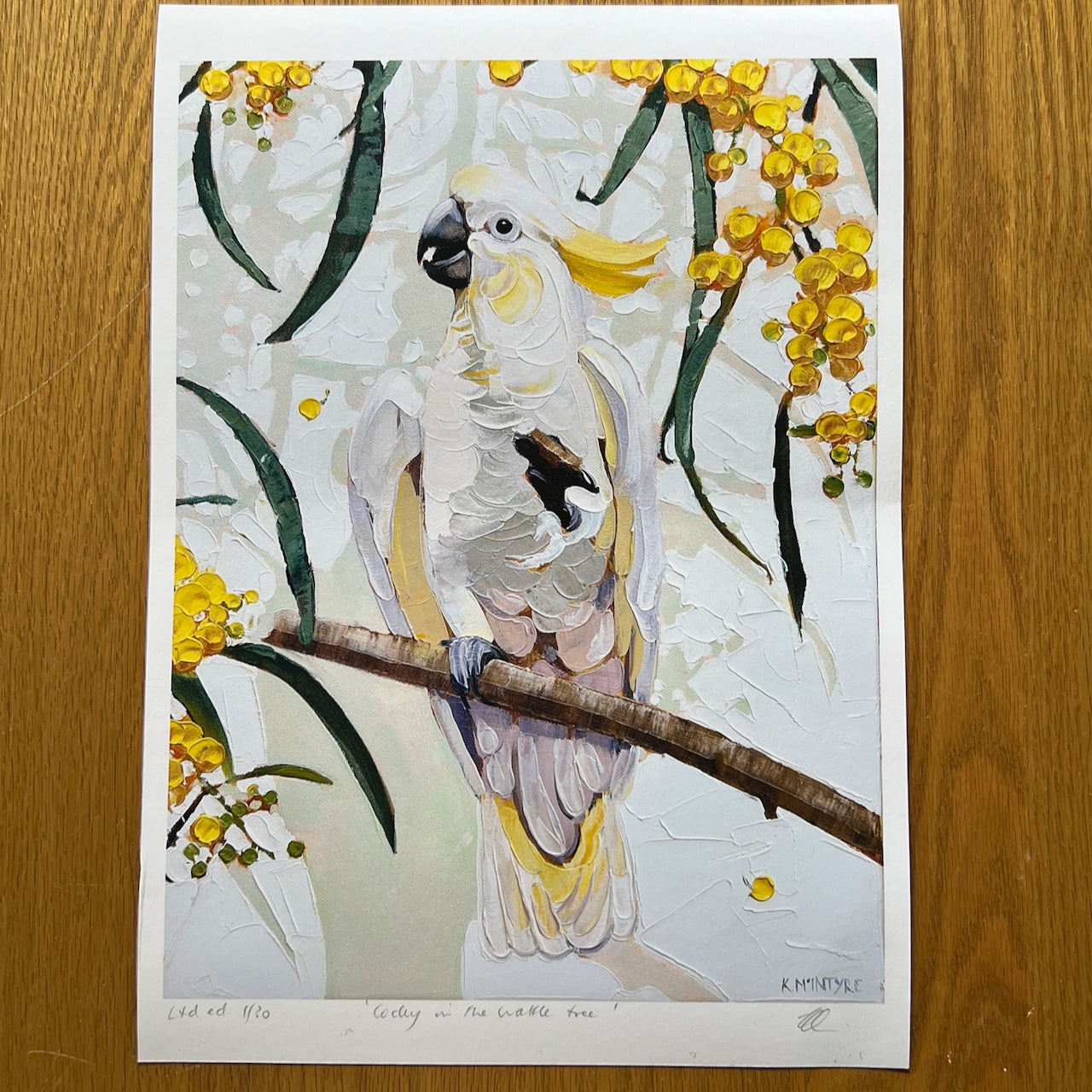 Art print of a cockatoo perched on a branch with yellow flowers on a wooden surface.Cockatoo art print by Australian artist, Kirsty McIntyre