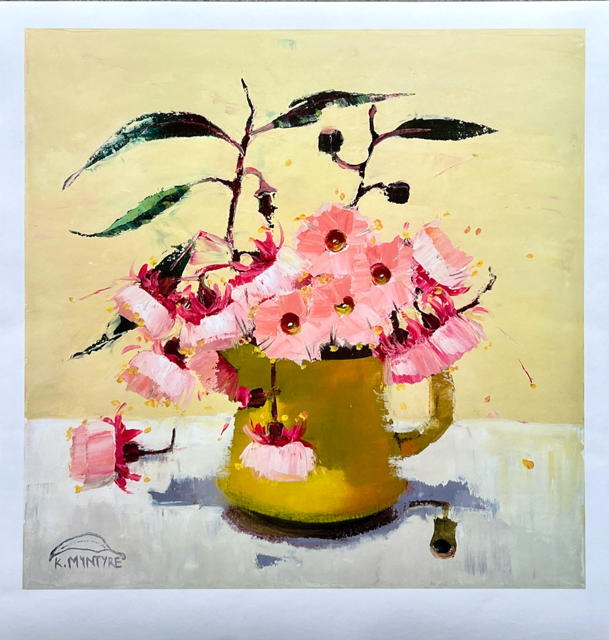 Giclee print reproduction of Painting of pink flowers in a yellow vase on a yellow- beige background- features gum blossom in a yellow jug by Australian artist, Kirsty McIntyre