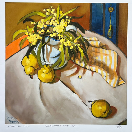 Artistic depiction of a still life with yellow flowers and fruits on a white surface. Giclee print of an original artwork by Australian artist, Kirsty McIntyre