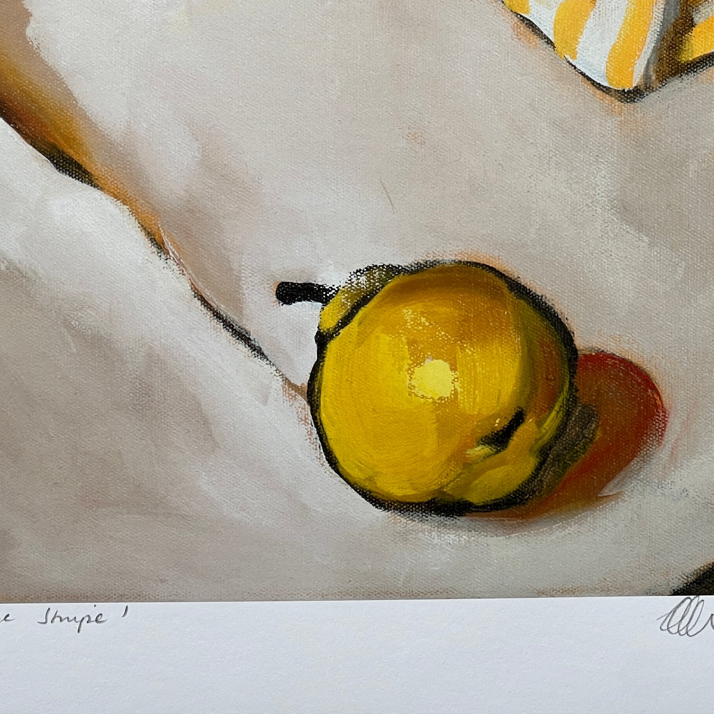 "Wattle, Pears and orange stripe"; Limited edition print; 50cm image on 55x57cm paper. Unframed.