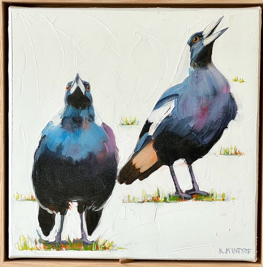original art work by Kirsty Mcintyre of two australian magpies in song