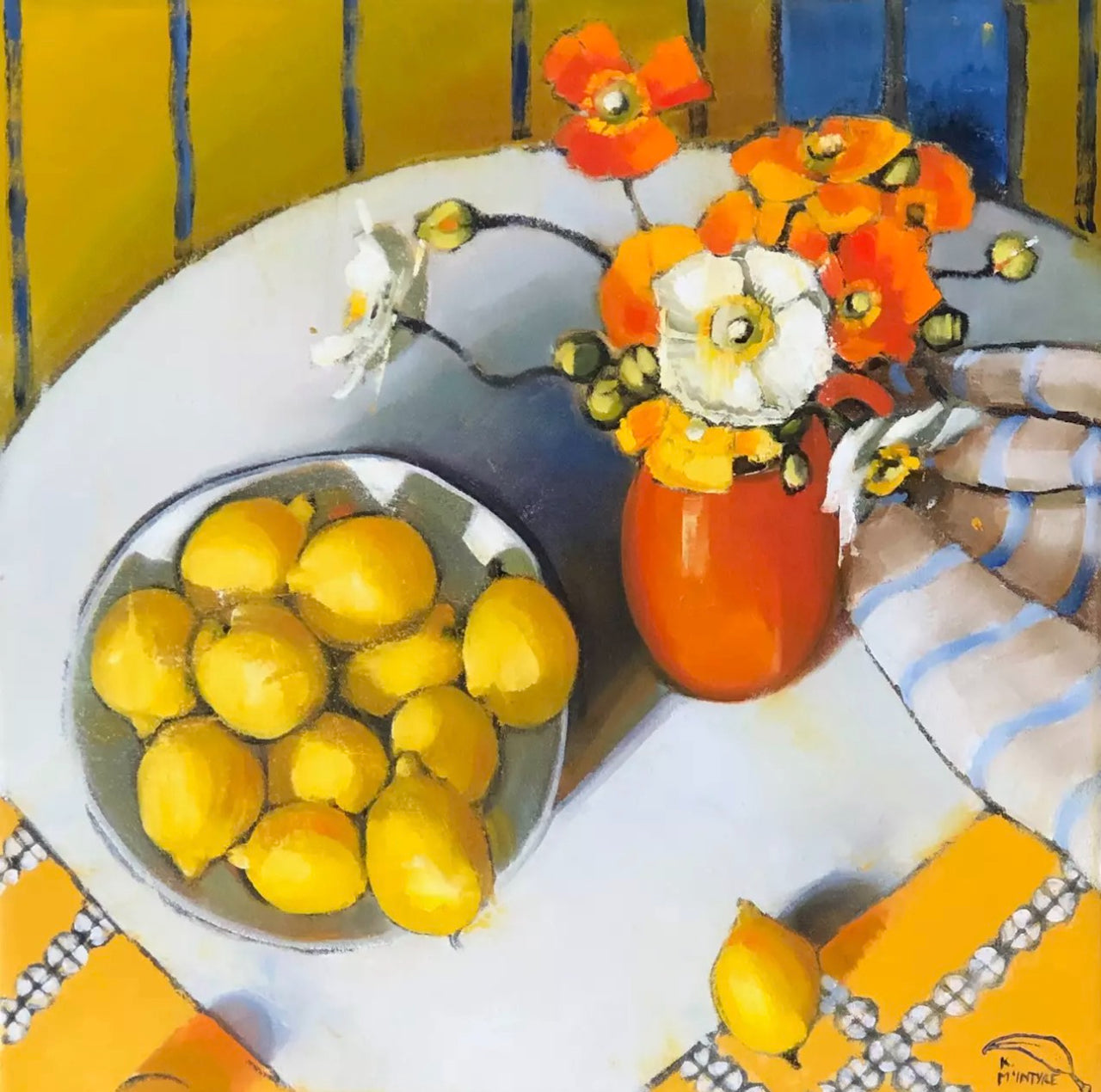 "Poppies, lemons and blue stripe"; Limited edition print; 50cm image on 55x57cm paper. Unframed.