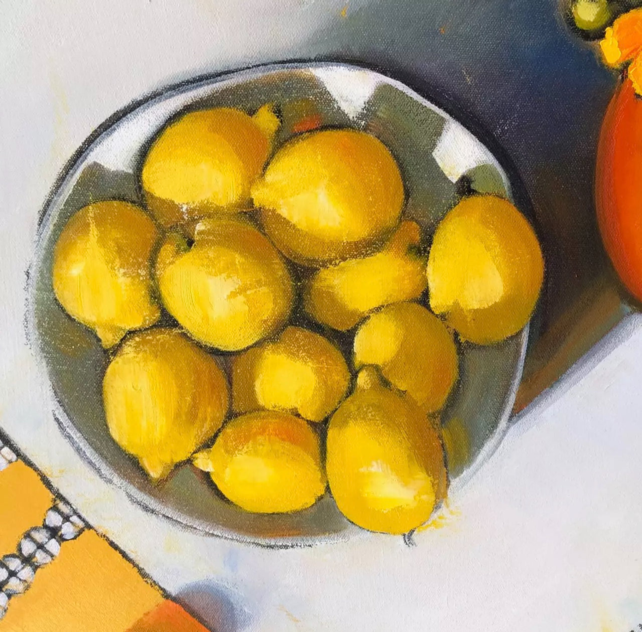"Poppies, lemons and blue stripe"; Limited edition print; 50cm image on 55x57cm paper. Unframed.