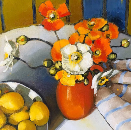 "Poppies, lemons and blue stripe"; Limited edition print; 50cm image on 55x57cm paper. Unframed.