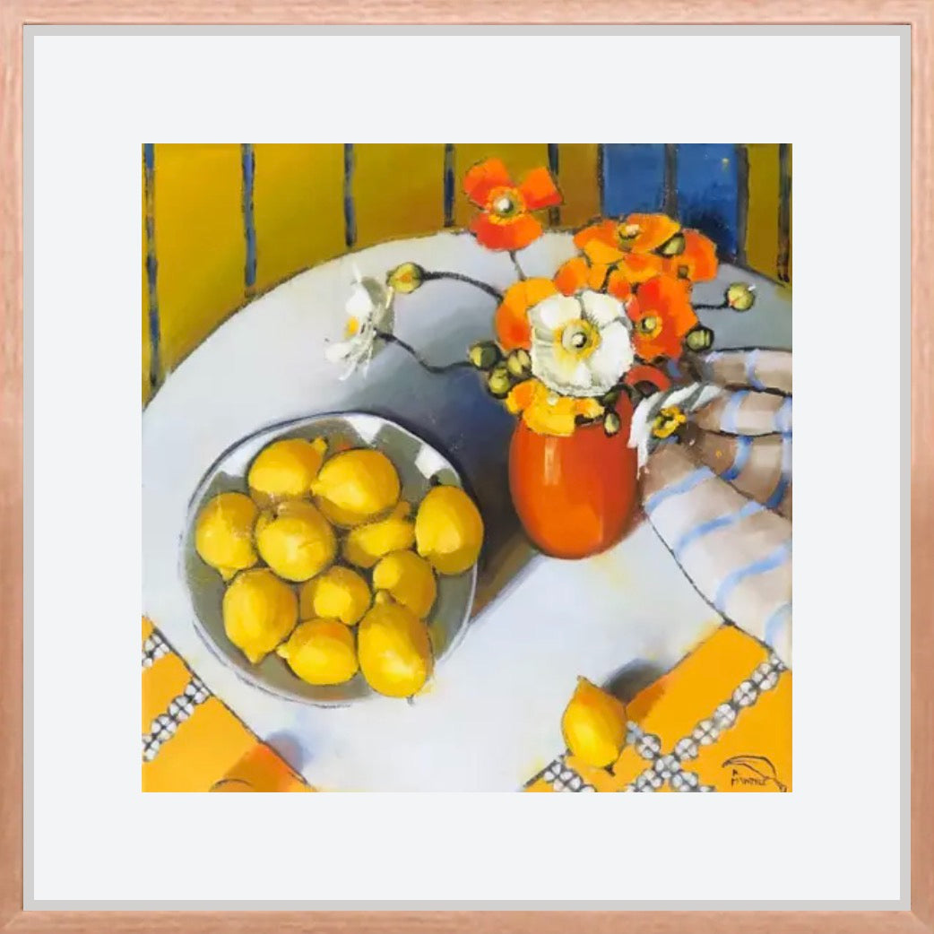 Still life with lemons, a vase of flowers, and a bowl on a tablecloth. Print of original artwork by Kirsty McIntyre Art limited edition