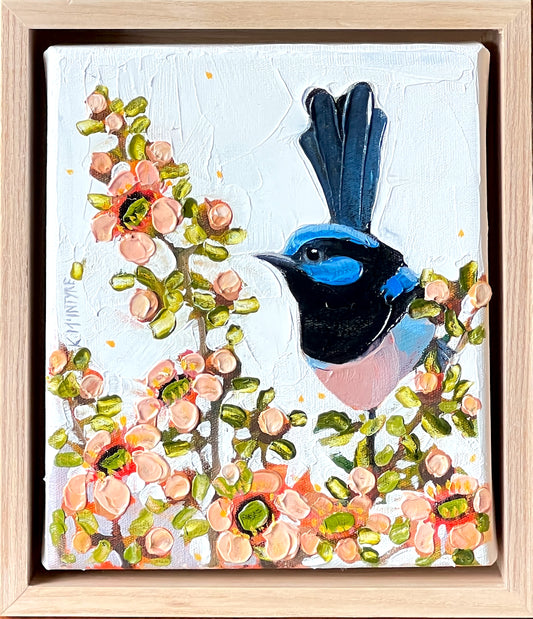 Framed artwork of a colorful bird perched on a branch with flowers- original artwork by australian artist, kirsty mcintyre featuring a superb blue wren on teatree