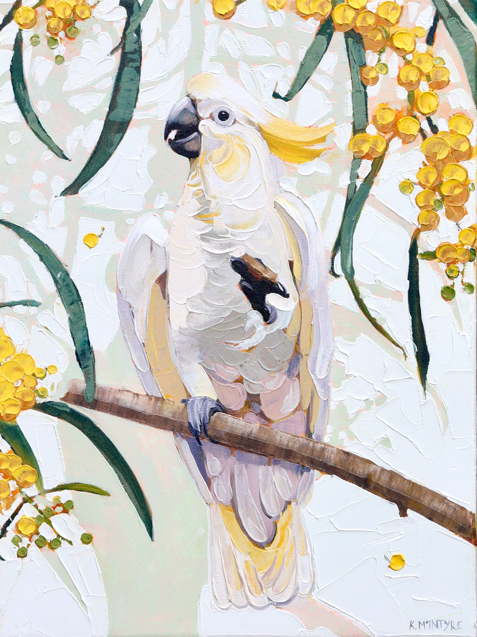 White parrot with yellow feathers perched on a branch with yellow flowers and green leaves. Cockatoo art print by Australian artist, Kirsty McIntyre