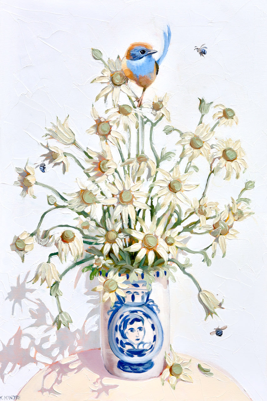 Vase with flowers and a bird on a white background; original blue wren, emu wren and flannel flower australian bird design in a giglee reproduction print by Australian bird artist, Kirsty Mcintyre