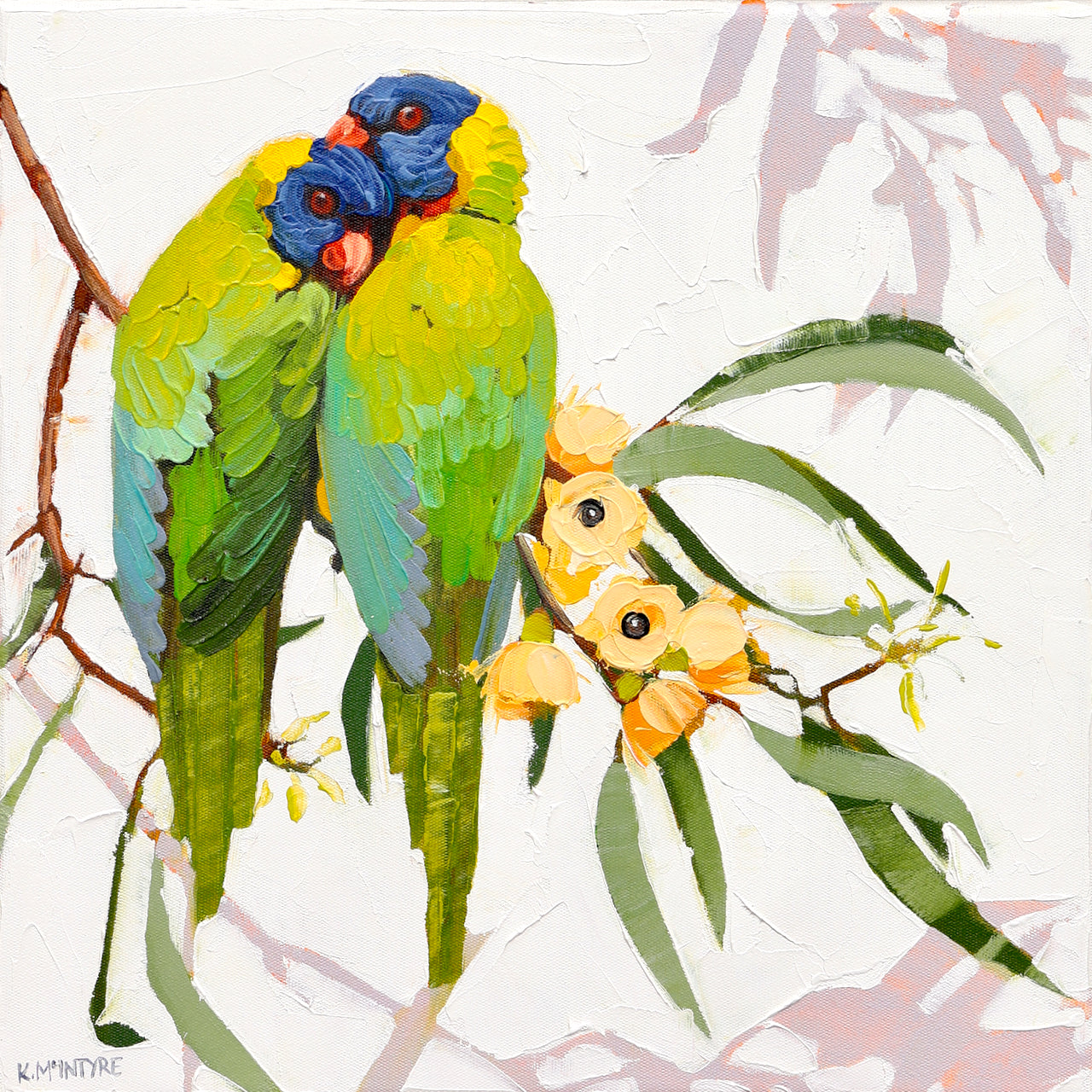 Colorful parrots perched on branches with leaves and flowers; Original rainbow lorikeet design by Australian artist, Kirsty McIntyre available as a giclee reproduction print