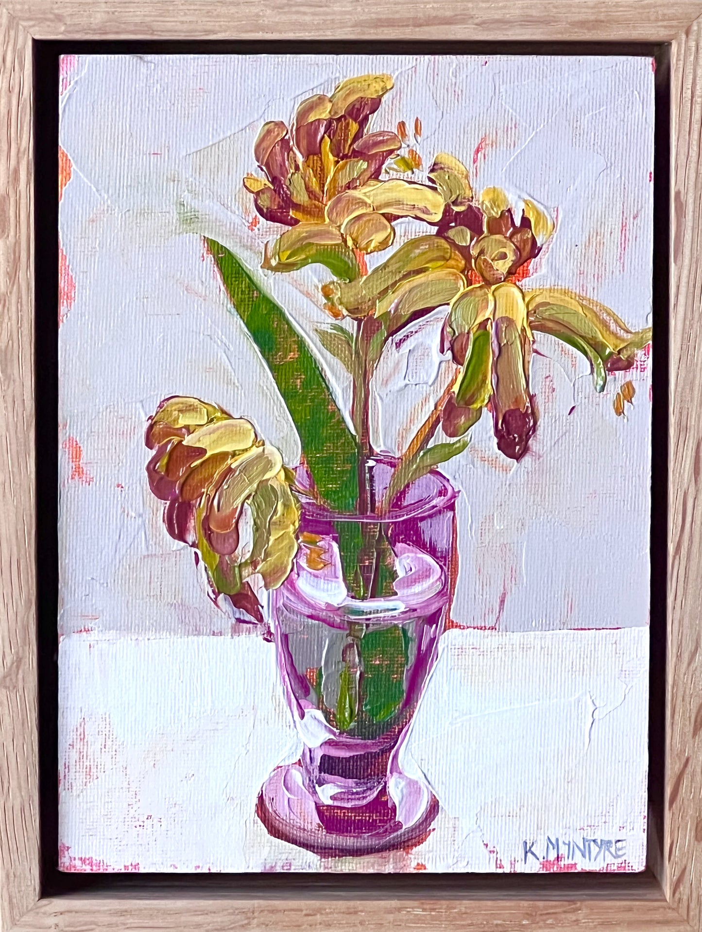 Framed painting of a floral arrangement in a purple vase on a textured white background. featuring kangaroo paw in a small parfait glass