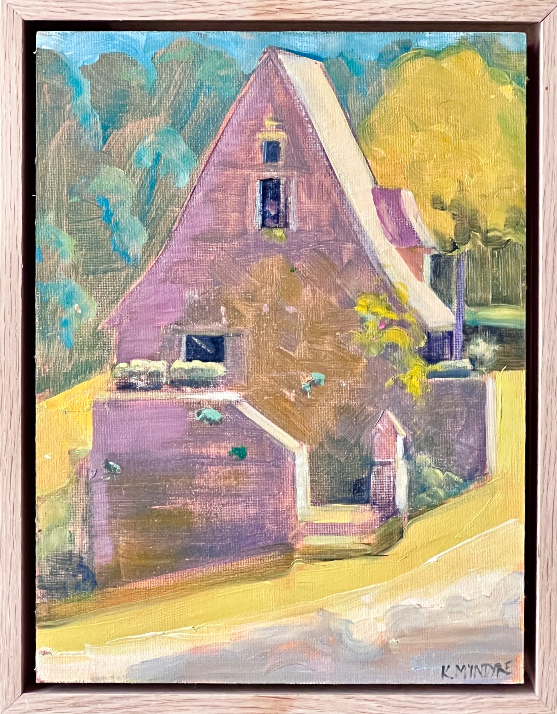 Painting of a purple house with greenery in the background, Dordogne valley