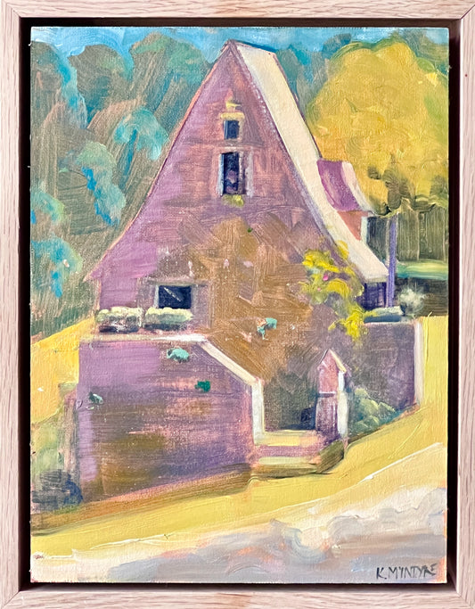 Painting of a purple house with greenery in the background, Dordogne valley