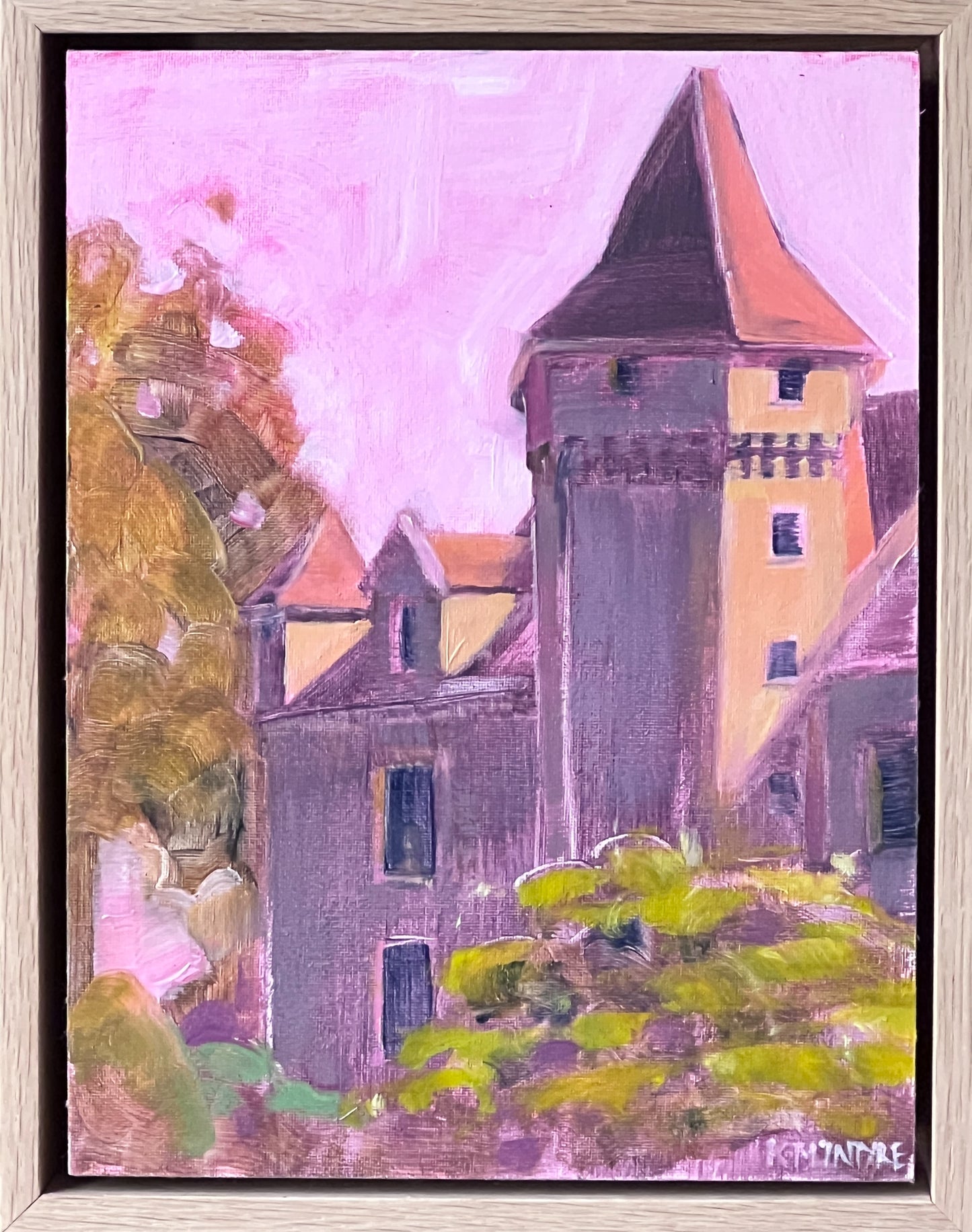 Painting of a castle with a pinkish-purple background- dordogne valley chateau