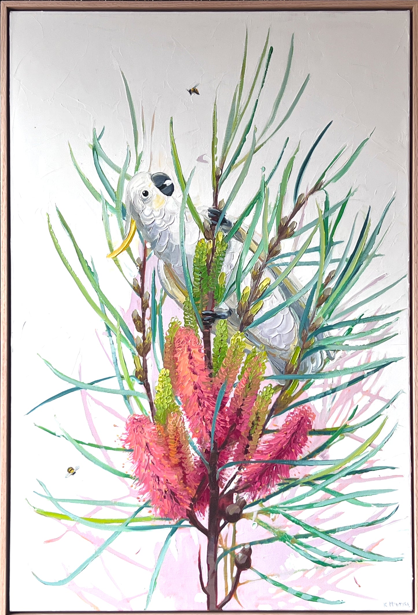 Artistic depiction of a cockatoo perched on a branch with pink flowers
