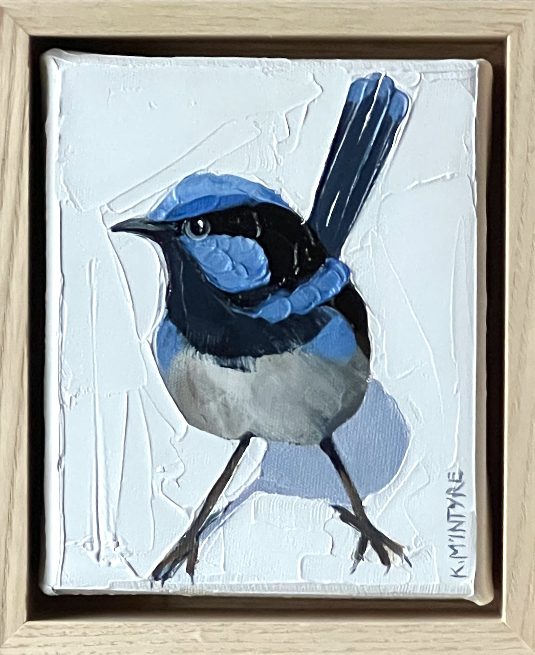 framed original oil painting of a  superb blue wren original artwork by Kirsty McIntyre australian artist
