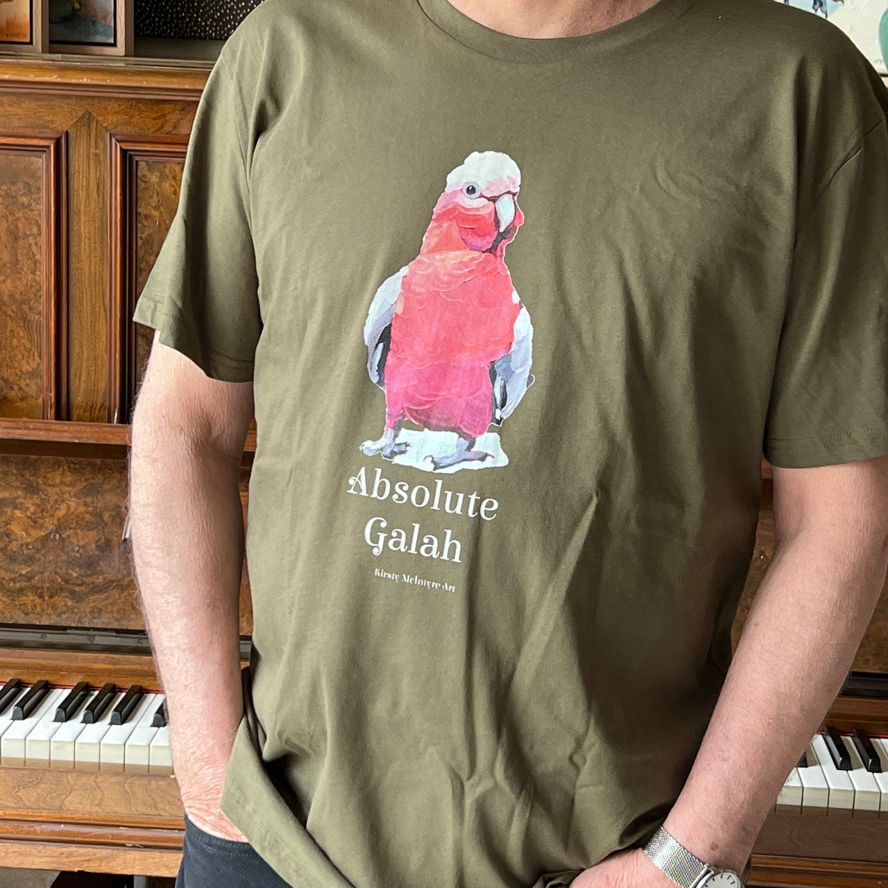 "Absolute galah" galah australian native bird tshirt designed and printed in australia by independednt artist, Kirsty Mcintyre