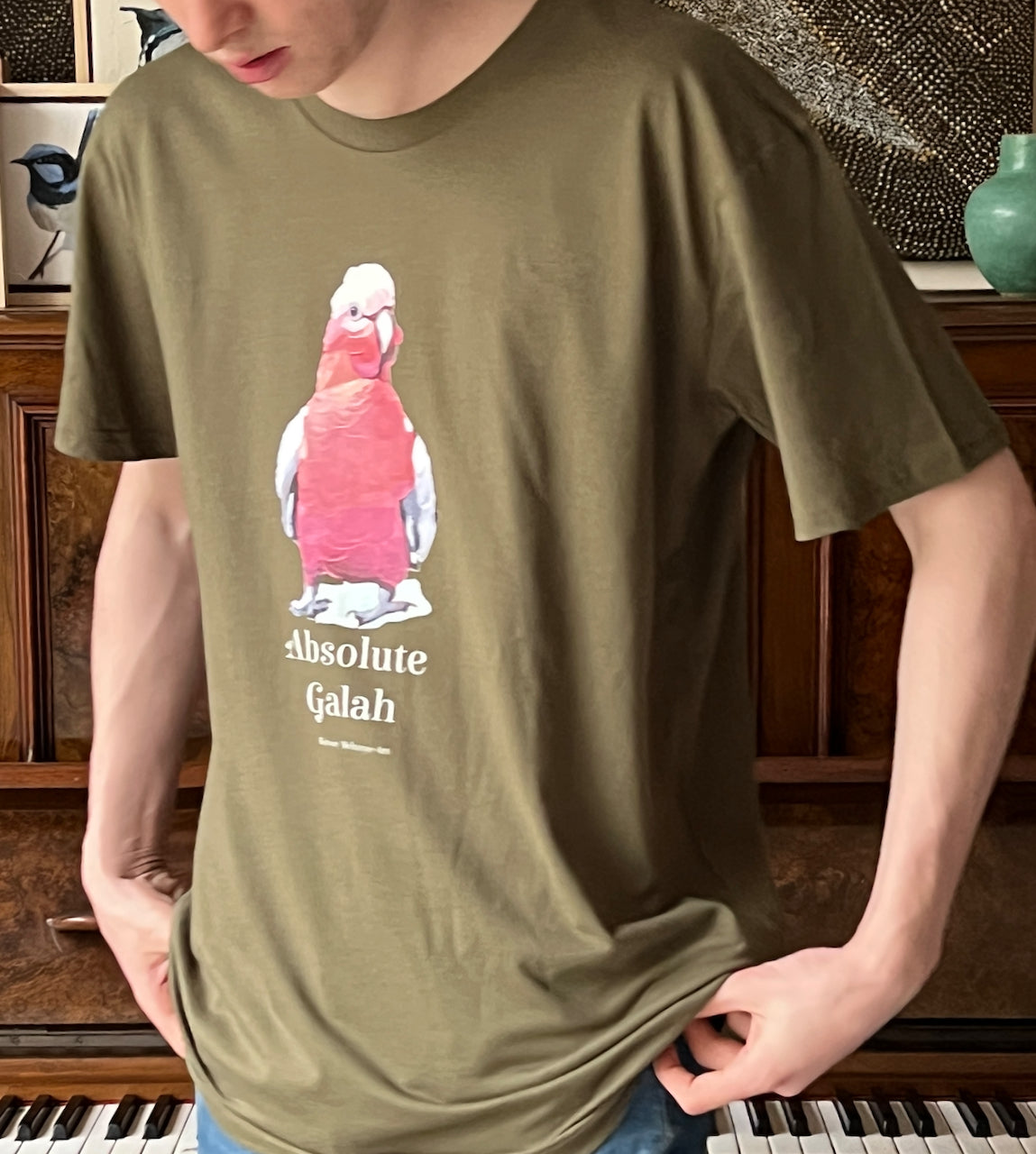 male wearing and absolute galah tshirt asutralian design copyright kirsty mcintyre