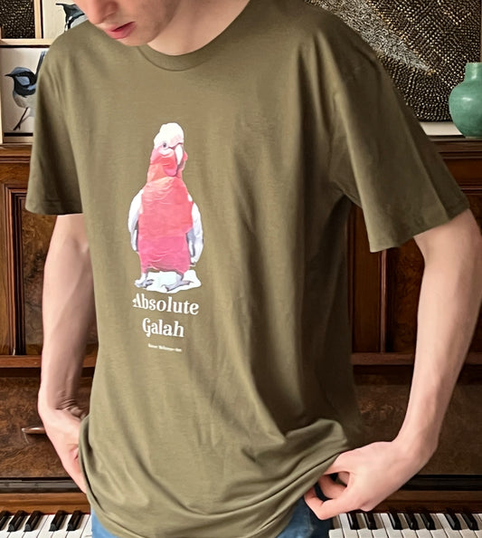 male wearing and absolute galah tshirt asutralian design copyright kirsty mcintyre