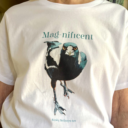 womens tshirt with mag-nificent logo magpie australian design by kirsty mcintyre