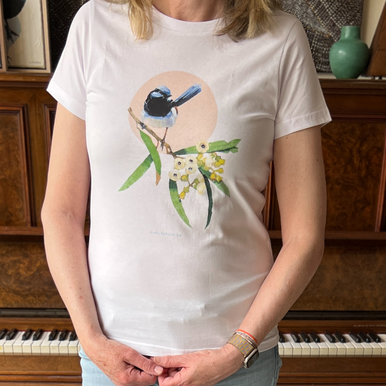 Blue wren and blossom Womens maple tee