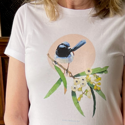 Blue wren and blossom Womens maple tee