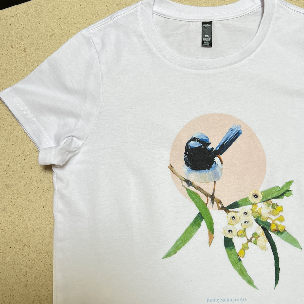Blue wren and blossom Womens maple tee