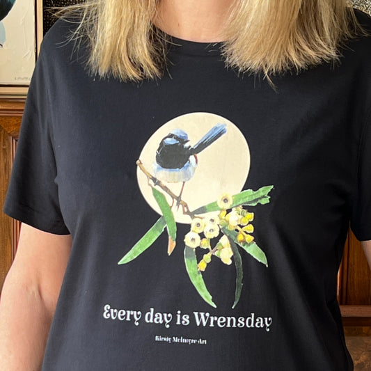 dark navy tshirt with a superb blue wren original design by Kirsty McIntyre Art
