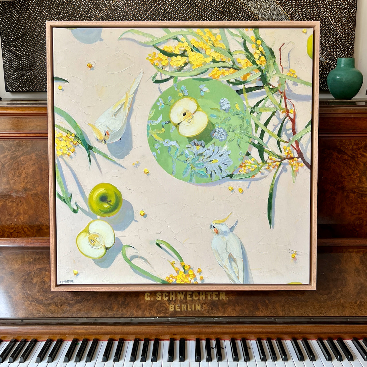 Apples, wattle and cockatiels; Framed canvas print (one of a kind)