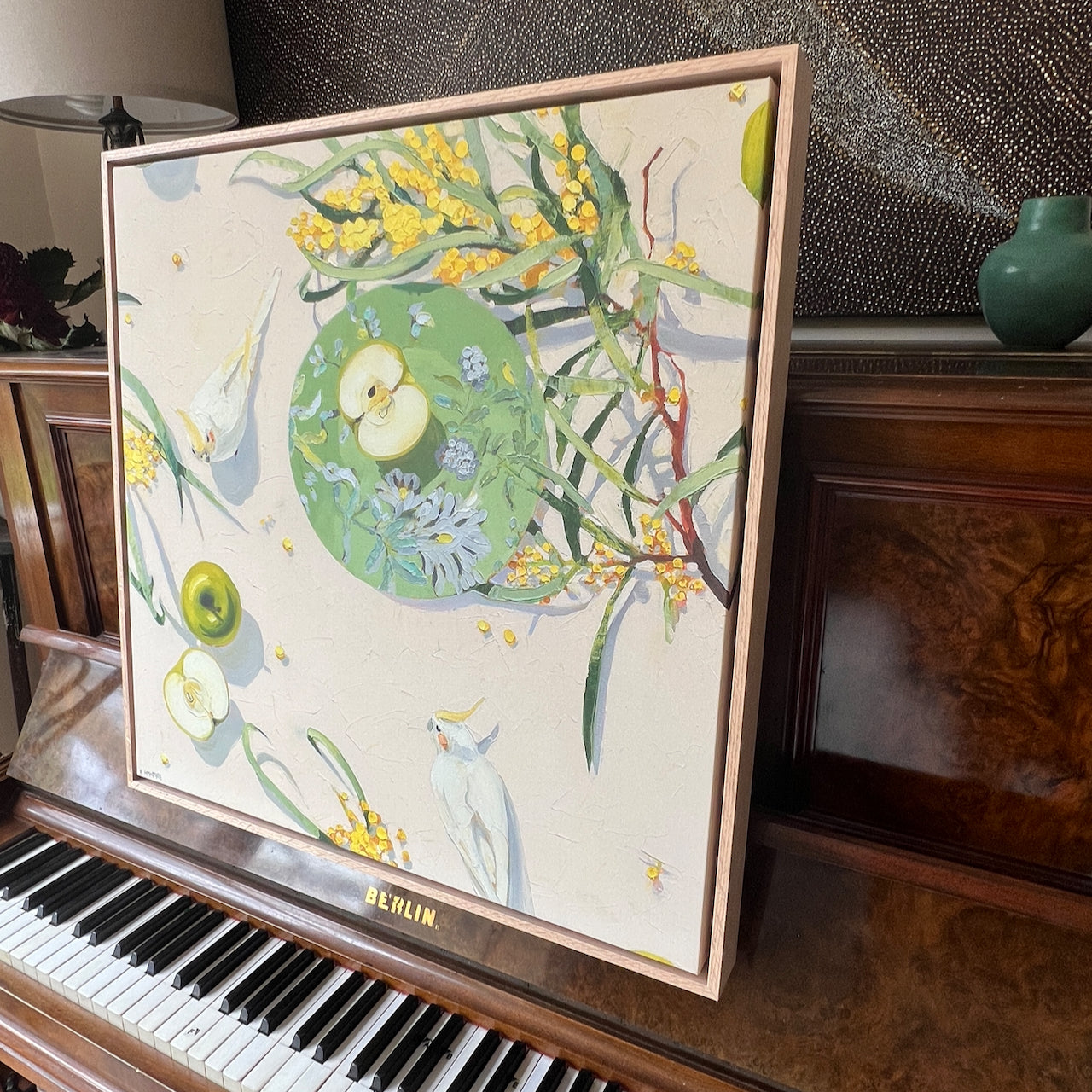 Apples, wattle and cockatiels; Framed canvas print (one of a kind)