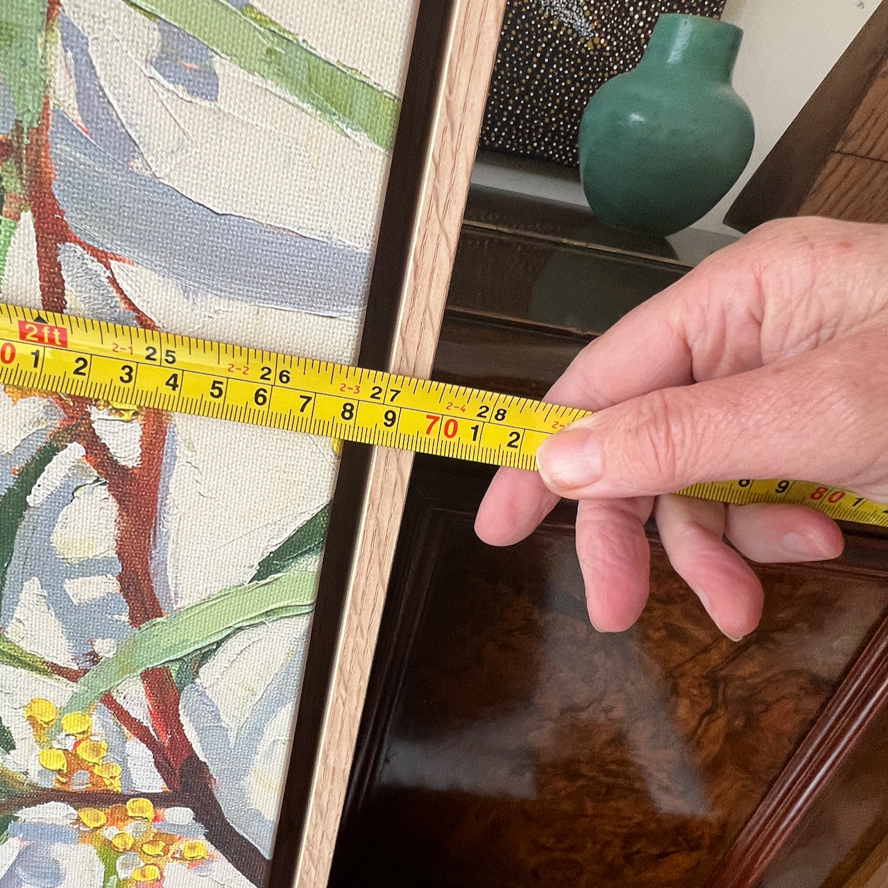 Apples, wattle and cockatiels; Framed canvas print (one of a kind)