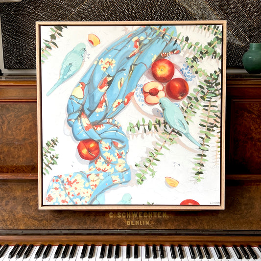 Budgies and spinning gum; Framed canvas print (one of a kind)