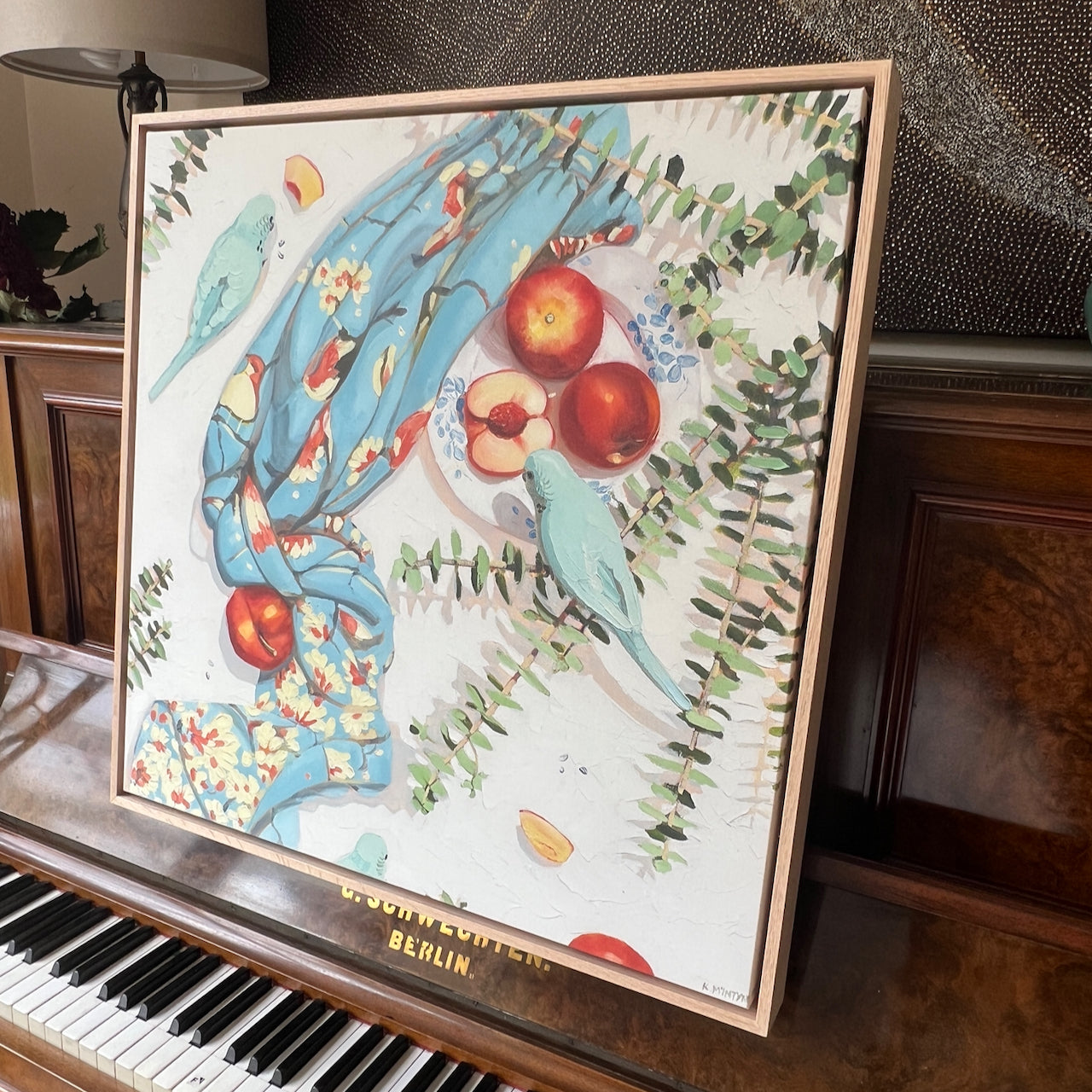 Budgies and spinning gum; Framed canvas print (one of a kind)