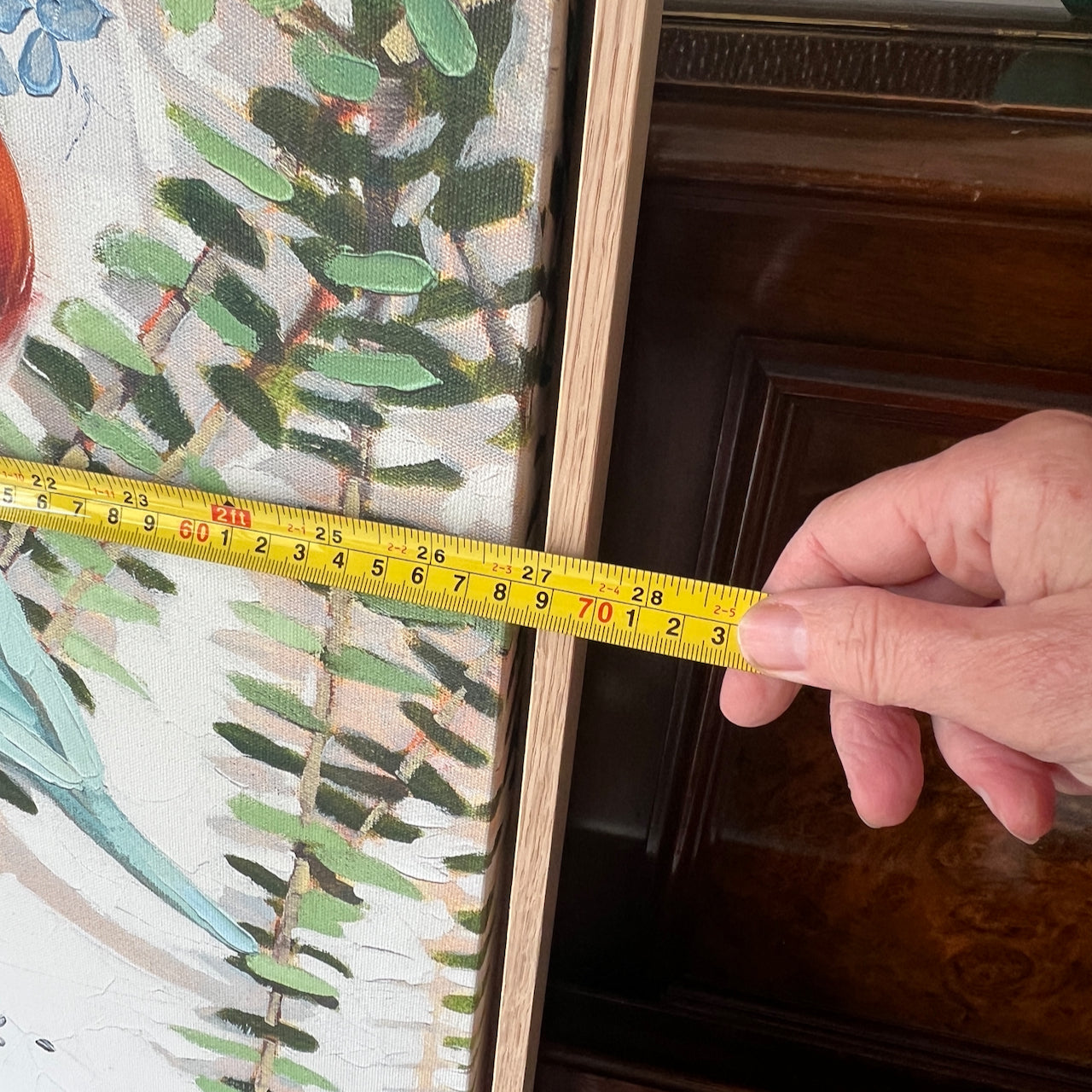 Budgies and spinning gum; Framed canvas print (one of a kind)